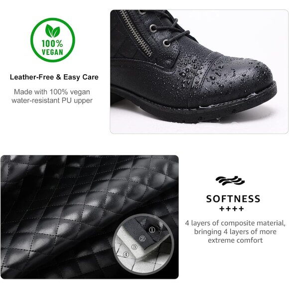 STQ Women's Black Synthetic Side Zipper Combat Boots Lace up Ankle Booties - Picture 3 of 9